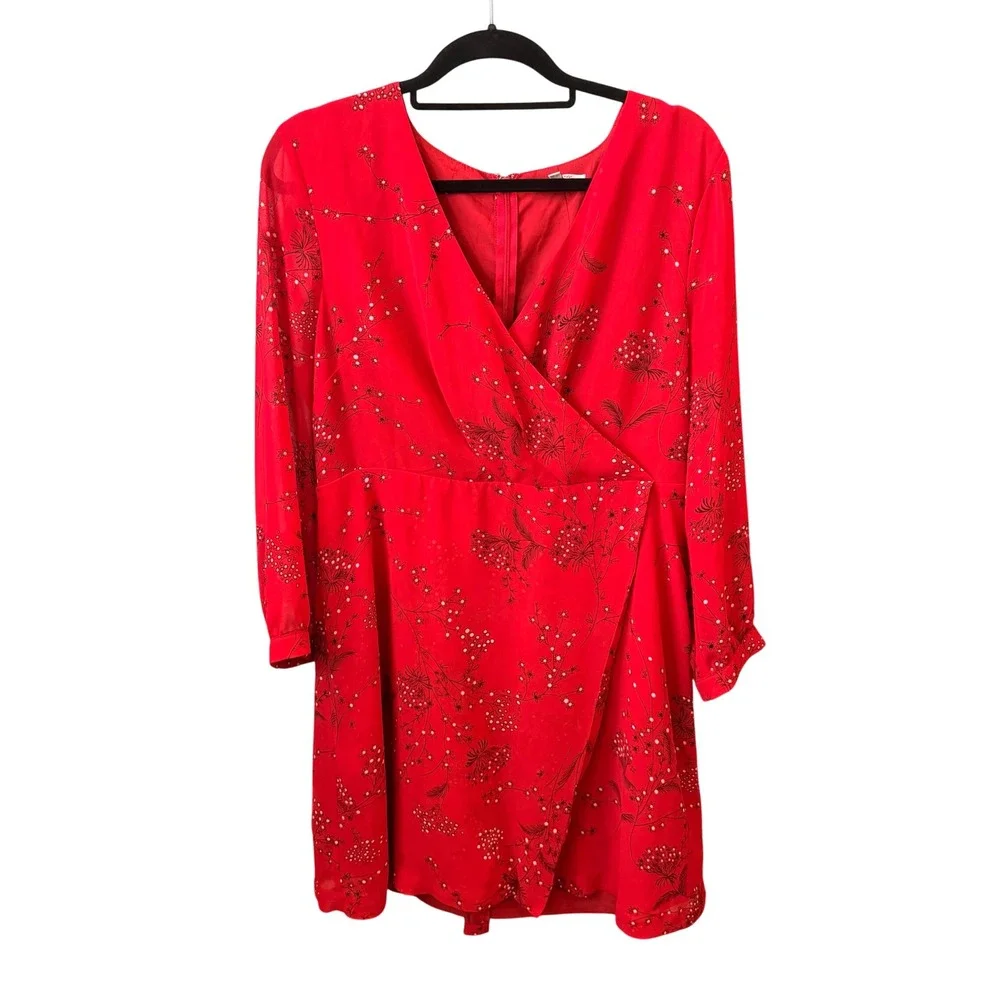 Madewell Hazelwood Wrap Front Dress Red Floral Long Sleeve V-Neck Romantic 16